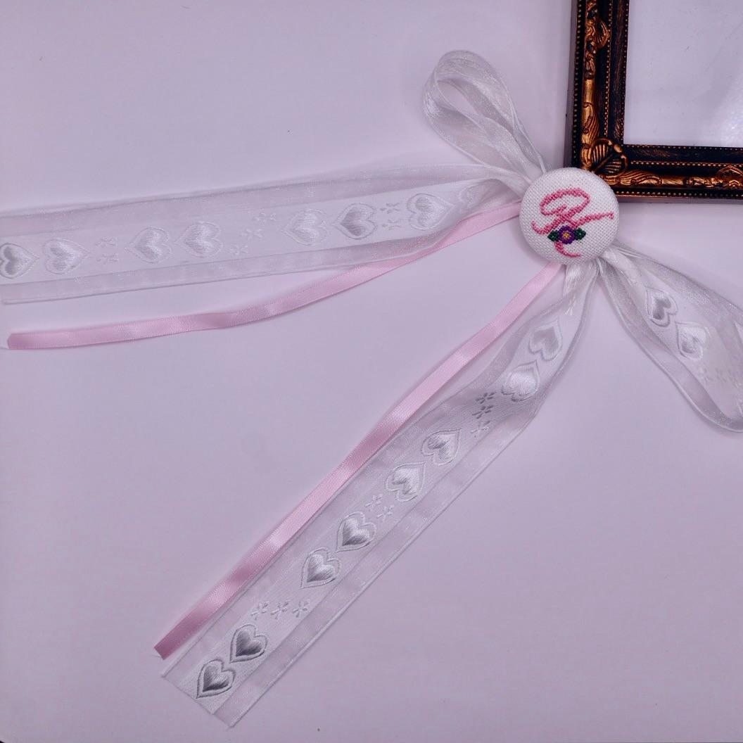 【オーダー可能】イニシャル　くるみボタンのヘアリボン　宝塚　組カラー　クロスステッチ刺繍 | 3枚目